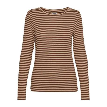 T-shirt rayé marron et camel à coupe ajustée, col rond et manches longues - Image 2