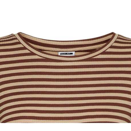 T-shirt rayé marron et camel à coupe ajustée, col rond et manches longues - Image 3