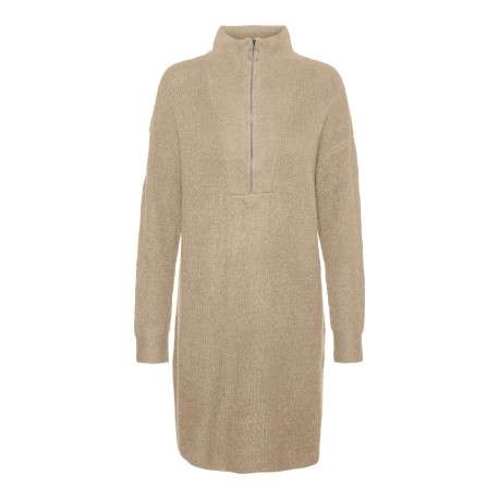 Robe courte beige unie côtelée à col camionneur et manches longues