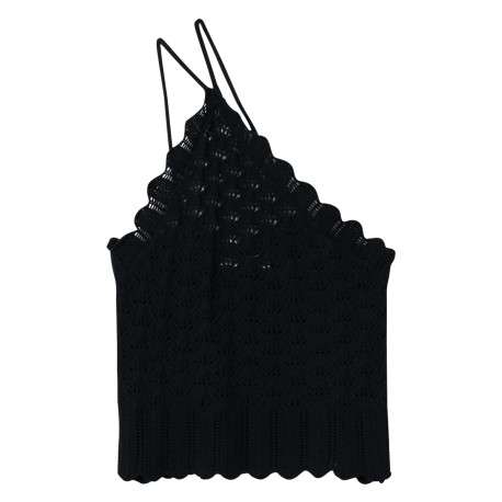 Top asymétrique Rita noir en coton maille crochet à coupe cropped - Image 5