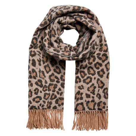 Écharpe beige à motif animalier pourvue de franges sur les bord