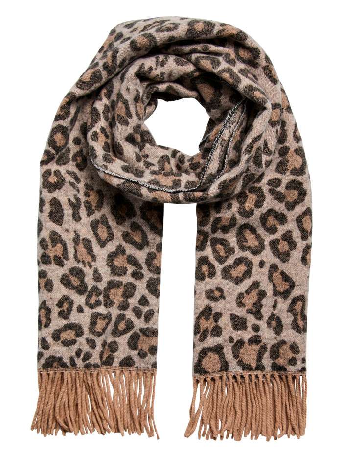 Écharpe beige à motif animalier pourvue de franges sur les bord