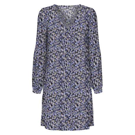 Robe courte bleu imprimé moucheté à coupe droite et col v