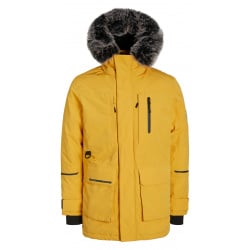 Parka jaune unie coupe droite avec col à capuche et fourrure grise