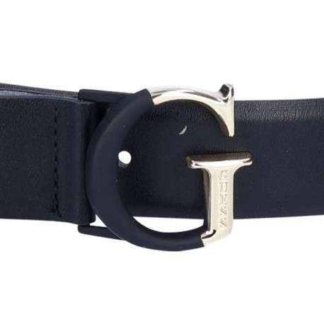 Ceinture noire unie aspect cuir lisse avec boucle métallique et poinçon doré - Image 2