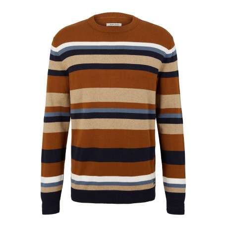 Pull en coton camel rayé coupe droite avec un col rond en bord côte