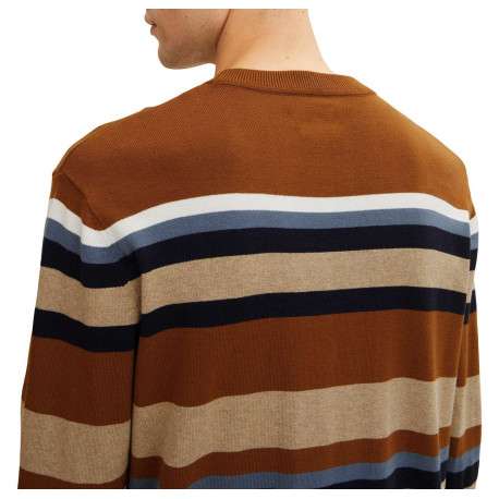 Pull en coton camel rayé coupe droite avec un col rond en bord côte - Image 2