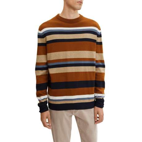 Pull en coton camel rayé coupe droite avec un col rond en bord côte - Image 3