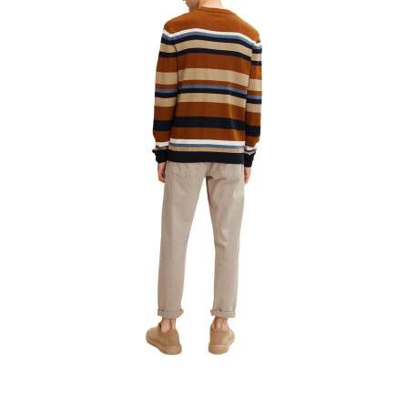 Pull en coton camel rayé coupe droite avec un col rond en bord côte - Image 4