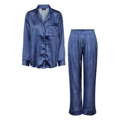 Pyjama long bleu à pois coupe droite fluide à col cranté et taille élastiquée