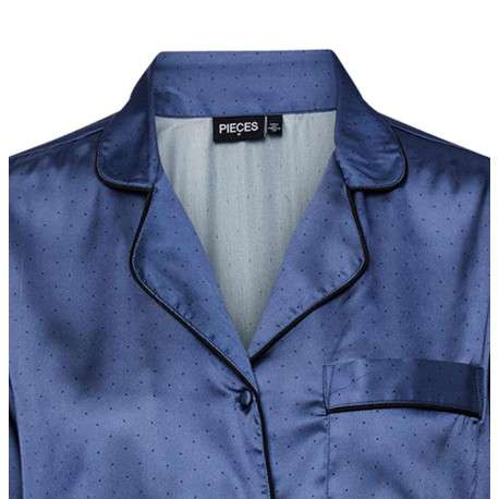 Pyjama long bleu à pois coupe droite fluide à col cranté et taille élastiquée - Image 2
