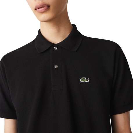 Polo L1212 en coton noir uni coupe droite avec un col boutonné de 2 boutons - Image 5