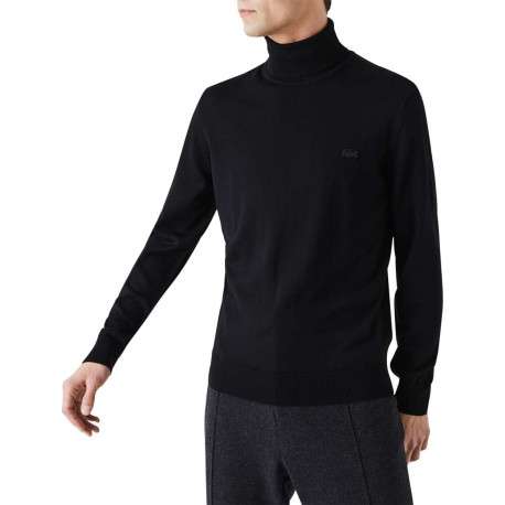 Pull col roulé en laine noir avec crocodile brodé à la poitrine gauche