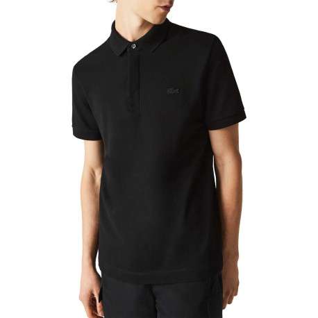 Polo Paris en coton noir uni coupe droite col boutonné et manches resserrées