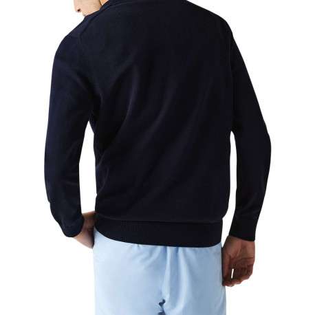 Pull en coton marine avec petit logo brodé à la poitrine col rond - Image 3