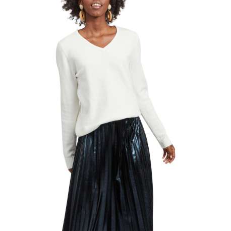 Pull écru basic avec les extrémités côtelées et col v - Image 3