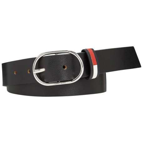 Ceinture en cuir noire unie avec boucle ovale argenté et gravure