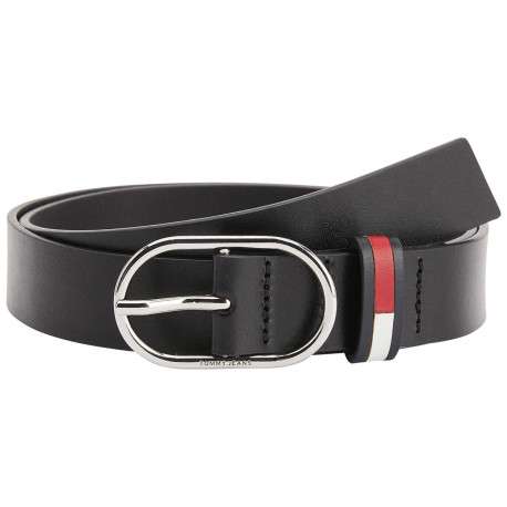 Ceinture en cuir noire unie avec boucle ovale argenté et gravure - Image 3