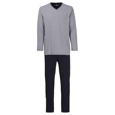 Pyjama Long en coton marine rayé coupe droite avec un col v et des surpiqûres noires aux manches et à la taille