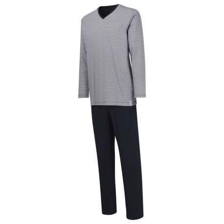Pyjama Long en coton marine rayé coupe droite avec un col v et des surpiqûres noires aux manches et à la taille - Image 2