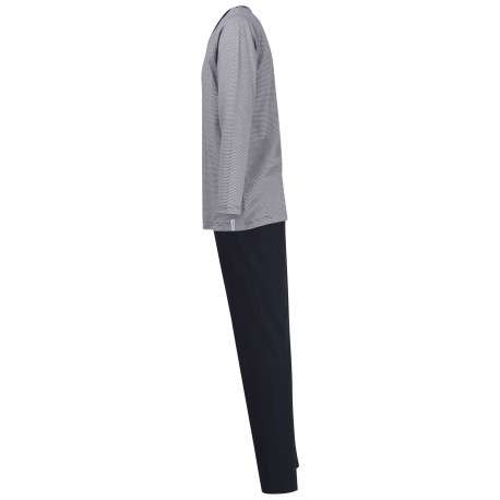 Pyjama Long en coton marine rayé coupe droite avec un col v et des surpiqûres noires aux manches et à la taille - Image 3
