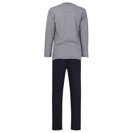 Pyjama Long en coton marine rayé coupe droite avec un col v et des surpiqûres noires aux manches et à la taille - Image 4