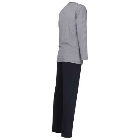Pyjama Long en coton marine rayé coupe droite avec un col v et des surpiqûres noires aux manches et à la taille - Image 5