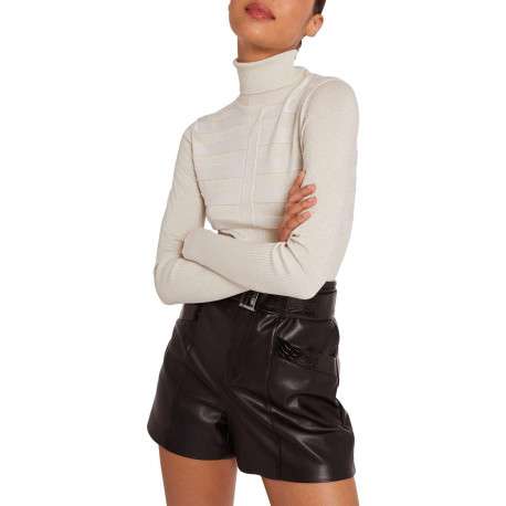 Pull écru uni avec une coupe slim à col roulé et à manches longues - Image 11
