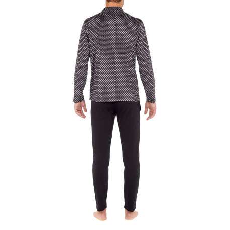 Pyjama long Fortaleza en coton noir à col revers boutonné avec imprimé trèfles et poids - Image 3