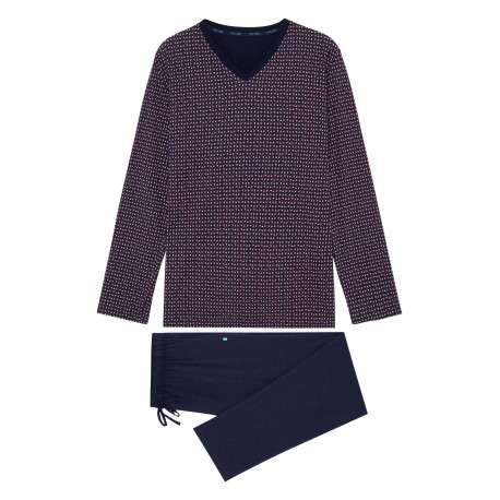 Pyjama long Figari en coton marine à col v imprimé géométrique rouge et blanc - Image 2