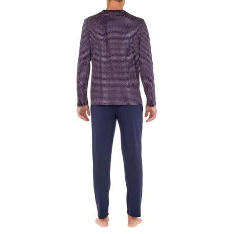 Pyjama long Figari en coton marine à col v imprimé géométrique rouge et blanc - Image 3
