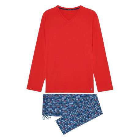 Pyjama long Lugano en coton multicolore à col v et imprimé géométrique sur le pantalon - Image 2