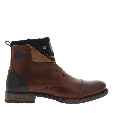 Bottines en cuir marron fourrées avec empiècements foncées, lacets tressés marrons et fermeture zippée - Image 2