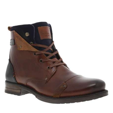Bottines en cuir marron fourrées avec empiècements foncées, lacets tressés marrons et fermeture zippée