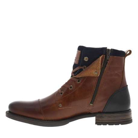 Bottines en cuir marron fourrées avec empiècements foncées, lacets tressés marrons et fermeture zippée - Image 3