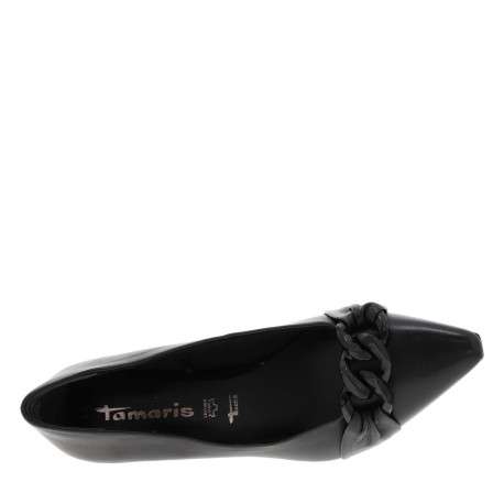 Escarpins en cuir noirs à talon aiguille avec chaîne noire métallique à l'avant - Image 5