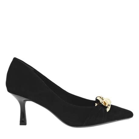 Escarpins en cuir noirs effet daim à talon aiguille avec chaîne doré métallique à l'avant - Image 4