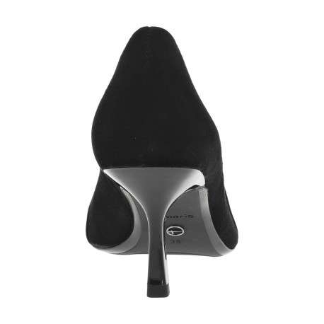 Escarpins en cuir noirs effet daim à talon aiguille avec chaîne doré métallique à l'avant - Image 6