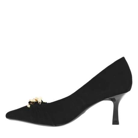 Escarpins en cuir noirs effet daim à talon aiguille avec chaîne doré métallique à l'avant - Image 5