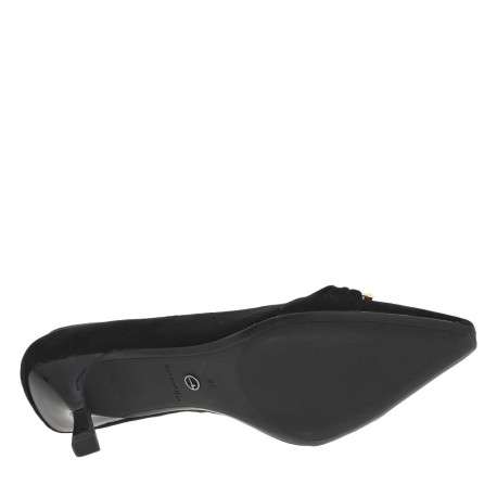 Escarpins en cuir noirs effet daim à talon aiguille avec chaîne doré métallique à l'avant - Image 8