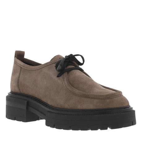 Derbies en cuir nubuck taupe à plateforme avec lacets noirs et surpiqûres ton sur ton