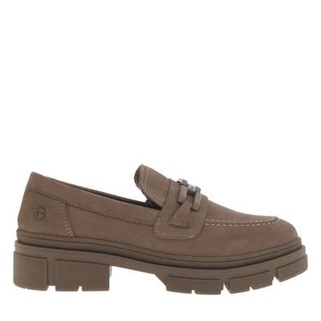 Mocassins en cuir marron à talon plat et semelle décrochée avec surpiqûres contrastées et maillons décoratifs - Image 2
