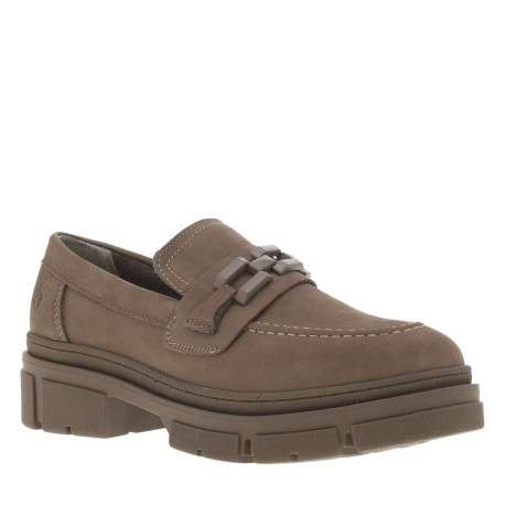 Mocassins en cuir marron à talon plat et semelle décrochée avec surpiqûres contrastées et maillons décoratifs