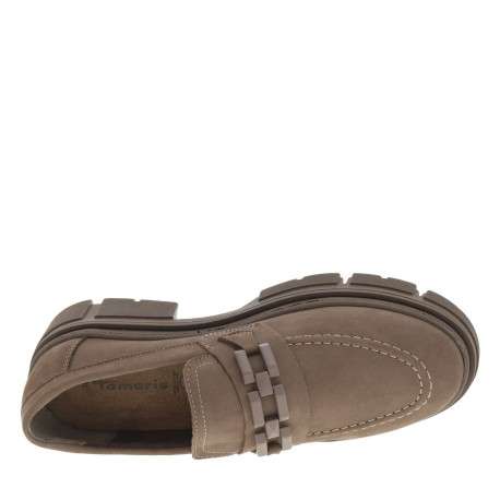 Mocassins en cuir marron à talon plat et semelle décrochée avec surpiqûres contrastées et maillons décoratifs - Image 5