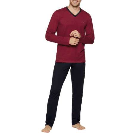 Pyjama long en coton noir et bordeaux uni à coupe droite, col V et taille élastiquée