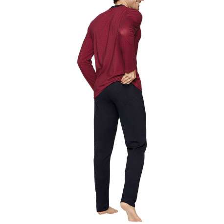 Pyjama long en coton noir et bordeaux uni à coupe droite, col V et taille élastiquée - Image 2