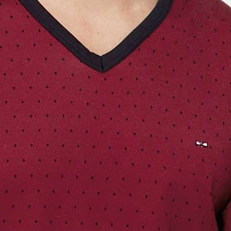 Pyjama long en coton noir et bordeaux uni à coupe droite, col V et taille élastiquée - Image 3
