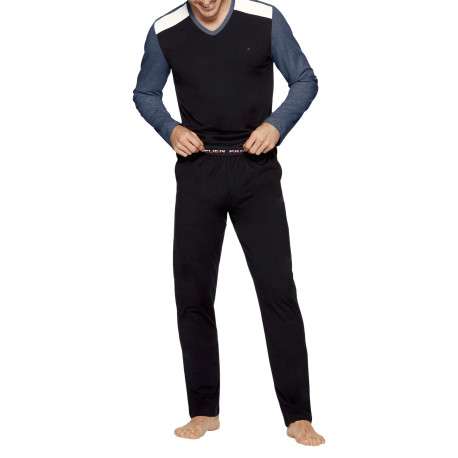 Pyjama long en coton à tee-shirt bicolore à coupe droite, col V et taille élastiquée à imprimé logo