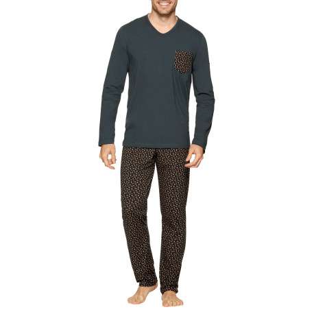 Pyjama long en coton à tee-shirt stretch à coupe droite, col V et pantalon droit taille élastiquée