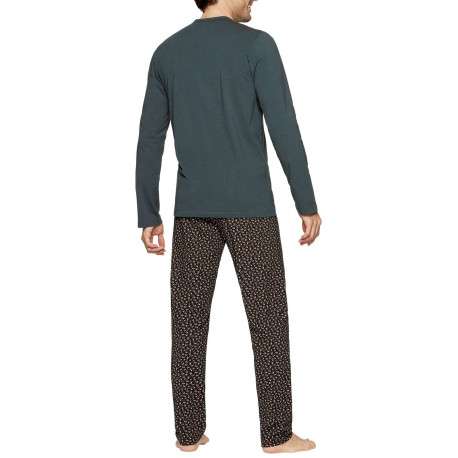 Pyjama long en coton à tee-shirt stretch à coupe droite, col V et pantalon droit taille élastiquée - Image 2